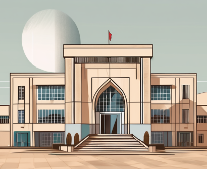 An international school building in morocco with a scale balance on the foreground