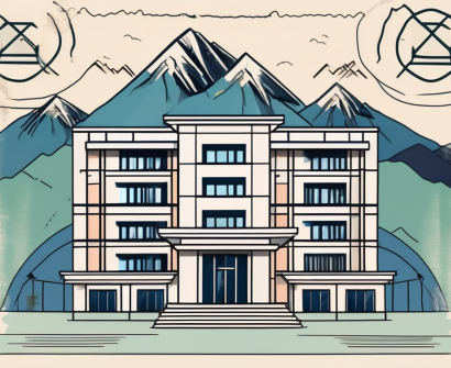 A typical international school building in nepal with a backdrop of the himalayan mountains