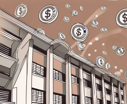 An international school building in shenzhen with a symbolic representation of currency (like a bag of coins) next to it