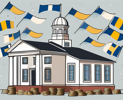 A typical swedish schoolhouse with international flags fluttering around it