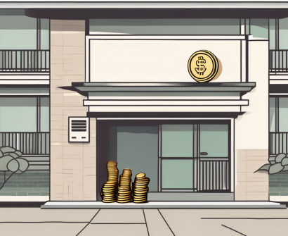 A traditional taiwanese school building with a stack of coins symbolizing salary at its entrance