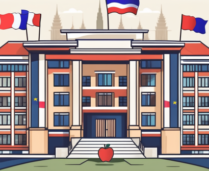 An international school building with a thai flag flying
