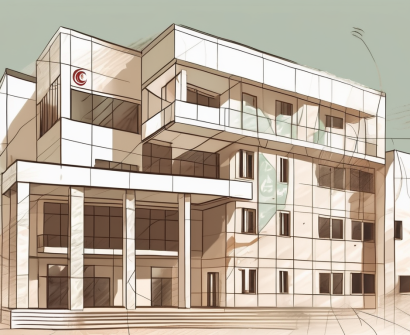 A typical international school building in tunisia with a symbolic representation of currency notes floating above it