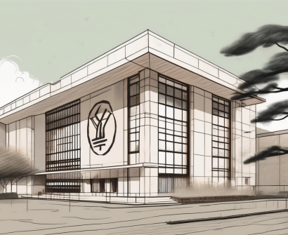 A typical international school building in tokyo with a symbolic yen currency sign hovering above it