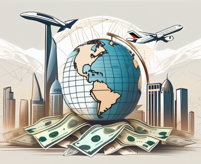 A uae landscape with an international school building in the foreground and symbolic elements like a globe and currency notes scattered around