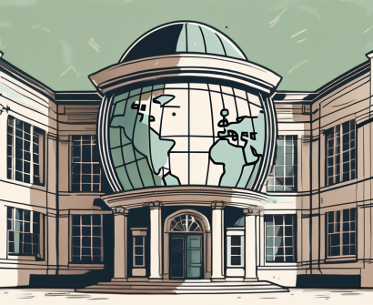 A traditional british school building with a globe and currency symbols floating around it