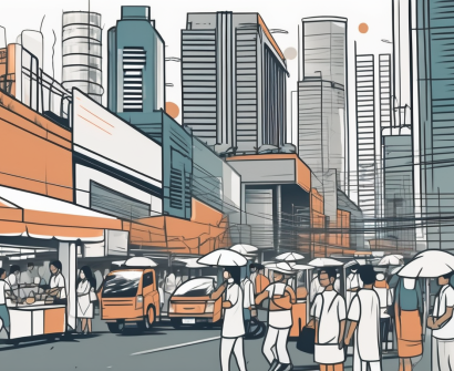 A bustling bangkok cityscape with various industries symbolized