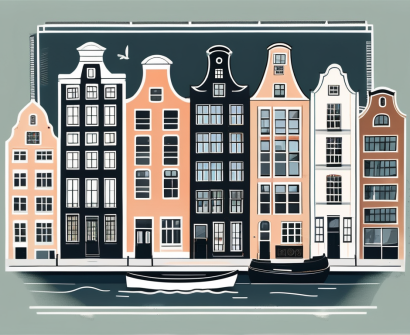 A classic amsterdam cityscape with canal houses and a school building