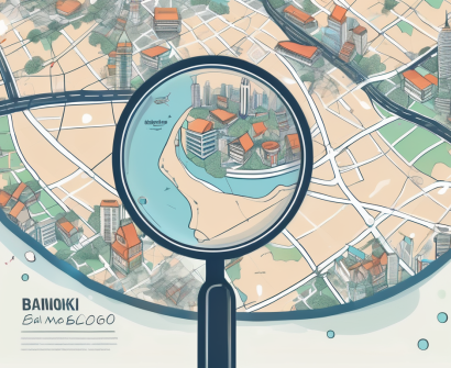 A global map with a magnifying glass over bangkok