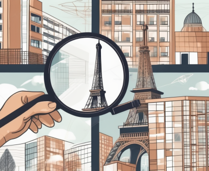 The eiffel tower surrounded by various international school buildings