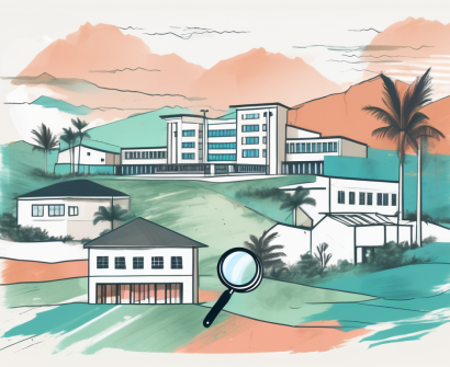 A bermuda landscape with various international school buildings scattered around and a magnifying glass hovering over them