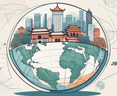 A globe with a magnifying glass focusing on hangzhou