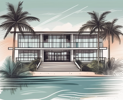 An international school building nestled among tropical palms and beach scenery typical of the cayman islands