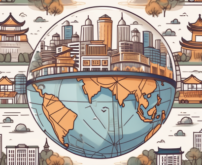 A globe with a magnifying glass focusing on the city of chengdu