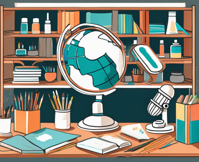Eight different educational tools such as a globe