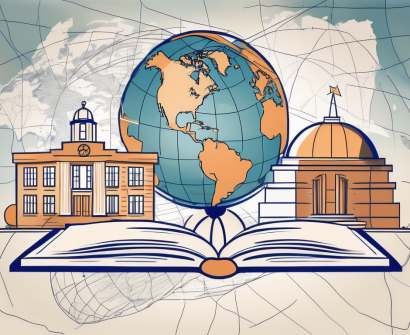 A school building with a global map in the background