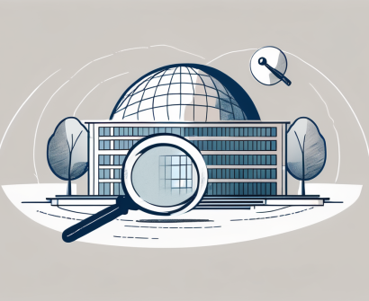 A danish international school building with a globe and a magnifying glass hovering above it