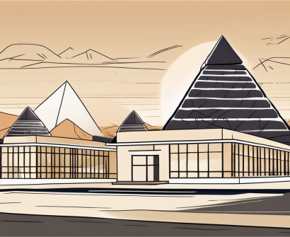 An international school building with the egyptian pyramids in the background