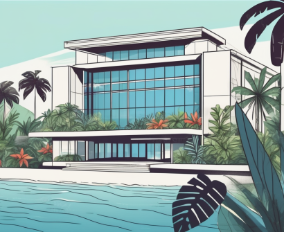 A picturesque international school building with a fiji flag flying on top