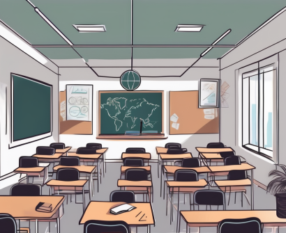 A classroom setting in malaysia with elements like a chalkboard