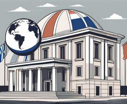 A traditional greek school building with a globe and a few international flags nearby