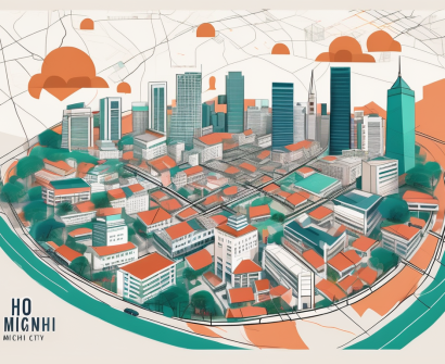 A diverse array of international school buildings scattered across a stylized map of ho chi minh city