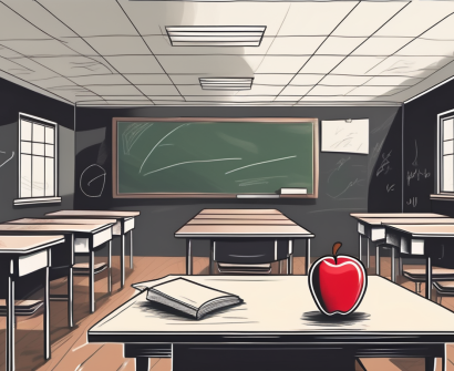 An empty classroom with a chalkboard