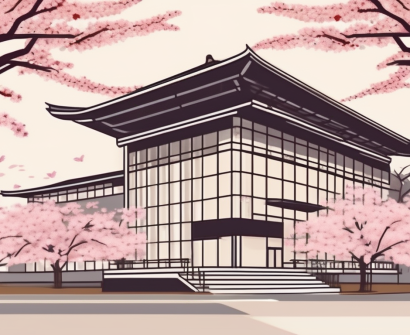 A japanese school building with various international flags fluttering in the breeze