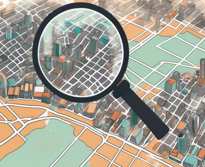 A magnifying glass hovering over a map of mexico city with several international school buildings highlighted