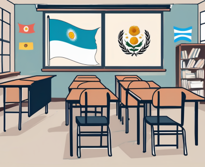 A classroom setting with international flags