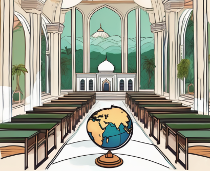 A classroom setting with a globe