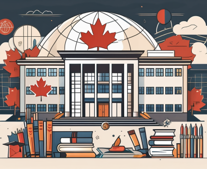 A canadian international school building surrounded by symbols of various cultures