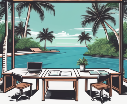 A tropical classroom setting with a chalkboard