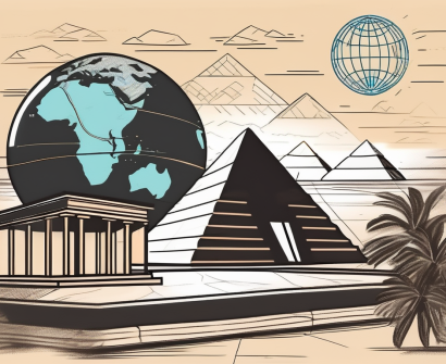 An international school building in egypt with the nile river and pyramids in the background