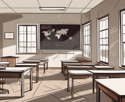 A typical estonian school building surrounded by international flags