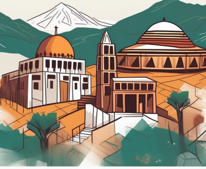 A vibrant international school building surrounded by iconic ethiopian landmarks and symbols