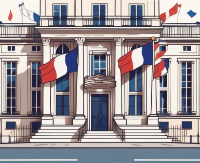 A classic french school building with international flags fluttering in the breeze