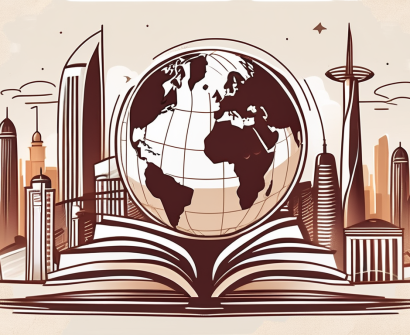 An international school building in doha with a diverse set of educational symbols like books