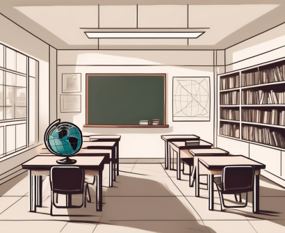 An international school building in madrid with a globe and teaching materials like books