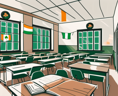 A traditional irish school building with various international flags fluttering in the breeze