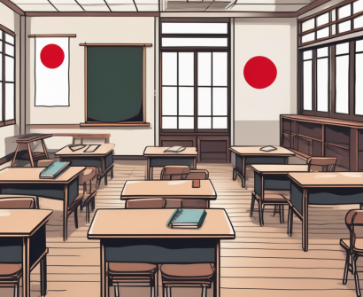 A classroom setting with a chalkboard