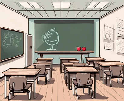 A classroom with empty desks and chairs