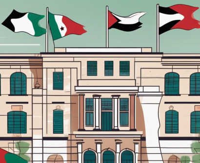 A classic jordanian school building with international flags fluttering around it