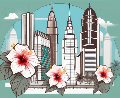 An international school building in kuala lumpur surrounded by iconic malaysian landmarks and symbols