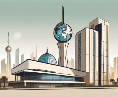 A modern international school building in kuwait with a background of the city skyline and a couple of iconic kuwait landmarks