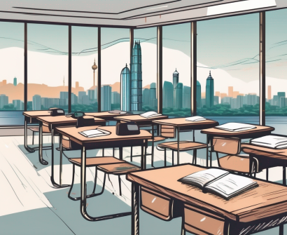 A well-equipped classroom with various educational tools and a view of macao's iconic skyline in the background
