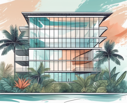 A modern international school building surrounded by tropical maldivian flora and fauna