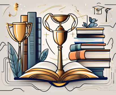 A winding pathway with various educational symbols like books