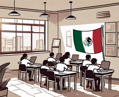 A bustling international school in mexico city with elements like a classroom
