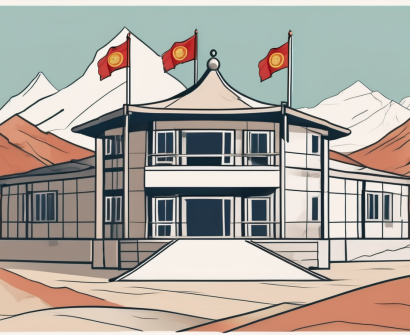 A traditional mongolian school building with international flags fluttering in the wind